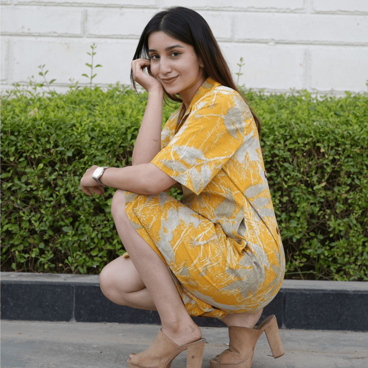 Marigold Leaftrace Eco - Printed Shirt Dress for Women | Organic Cotton – Womens Co - Ord Sets on Brown Living™. SKU: AAYU-0061. Img 3.