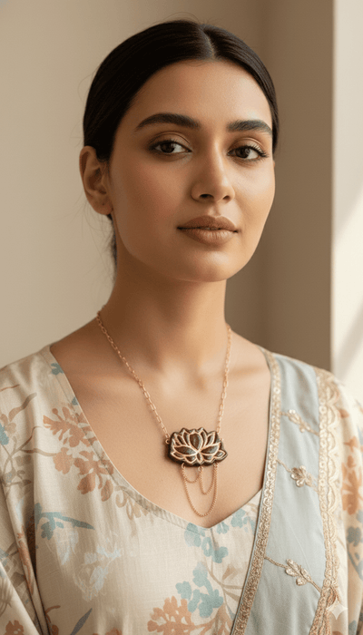 Maroon And Gold Lotus Necklace With White Floral Lockets – Womens Necklaces on Brown Living™. SKU: 001ab-lng. Img 1.