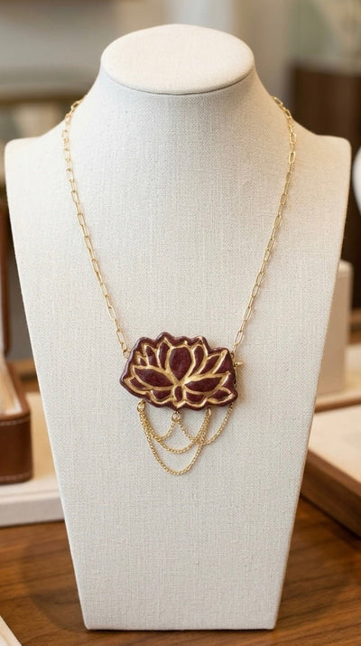 Maroon And Gold Lotus Necklace With White Floral Lockets – Womens Necklaces on Brown Living™. SKU: 001ab-lng. Img 2.