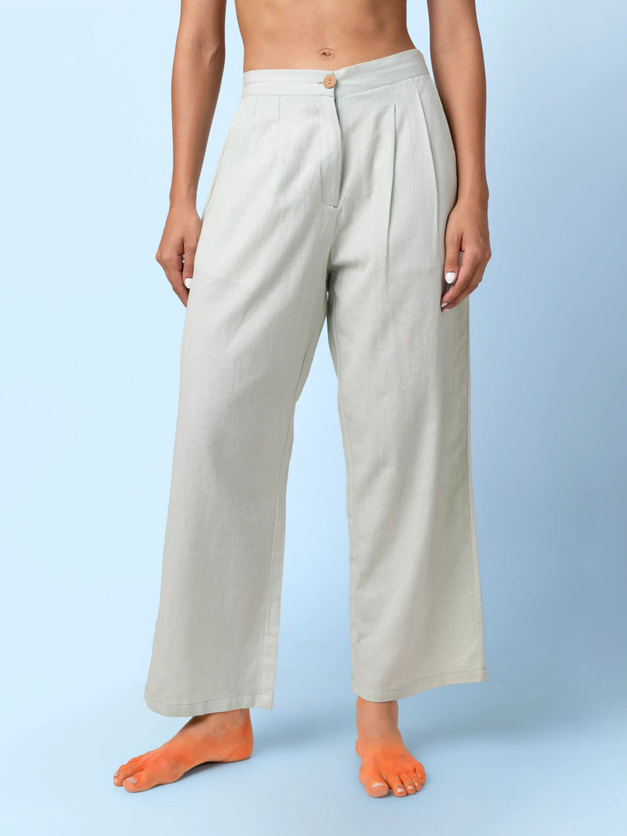 Mars – Handwoven Cotton Linen Pleated Pants – Mens Pants by Phuhar's available on Brown Living™. Green Xs. SKU: pH0661. Img 1.
