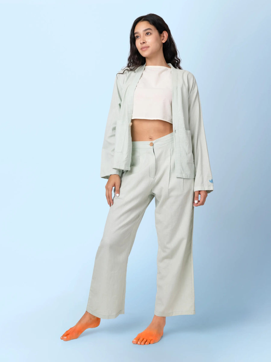 Mars – Handwoven Cotton Linen Pleated Pants – Mens Pants by Phuhar's available on Brown Living™. Green Xs. SKU: pH0661. Img 2.