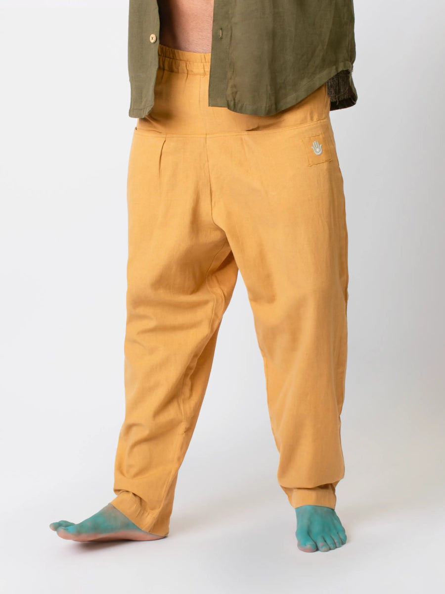 Mati – Sustainable Cotton Linen Casual Outing Pants – Mens Pants by Phuhar's available on Brown Living™. Mustard Xs. SKU: pH0511. Img 1.