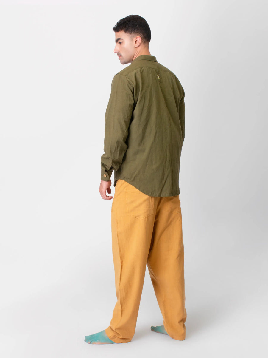 Mati – Sustainable Cotton Linen Casual Outing Pants – Mens Pants by Phuhar's available on Brown Living™. Mustard Xs. SKU: pH0511. Img 2.