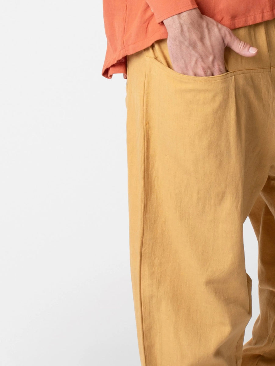 Mati – Sustainable Cotton Linen Casual Outing Pants – Mens Pants by Phuhar's available on Brown Living™. Mustard Xs. SKU: pH0511. Img 5.
