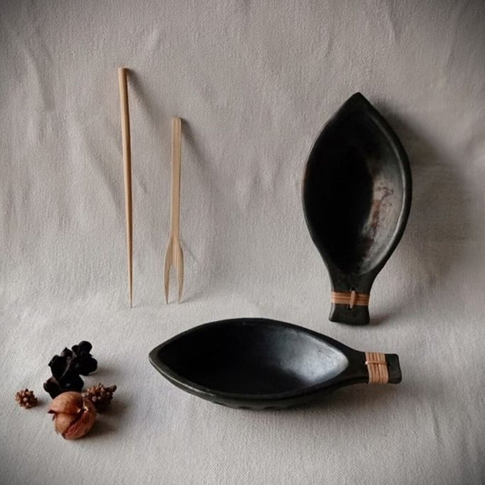 Matsya - Longpi Black Pottery Serving Bowls - Set of 2 – Dinner Set on Brown Living™. SKU: SACHII0201. Img 1.