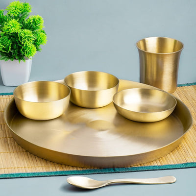 Matt Finish Handmade Bronze Thali Plate - Complete Set – Dinner Set on Brown Living™. SKU: Bronze - Plate - set - 970g - packof6. Img 1.