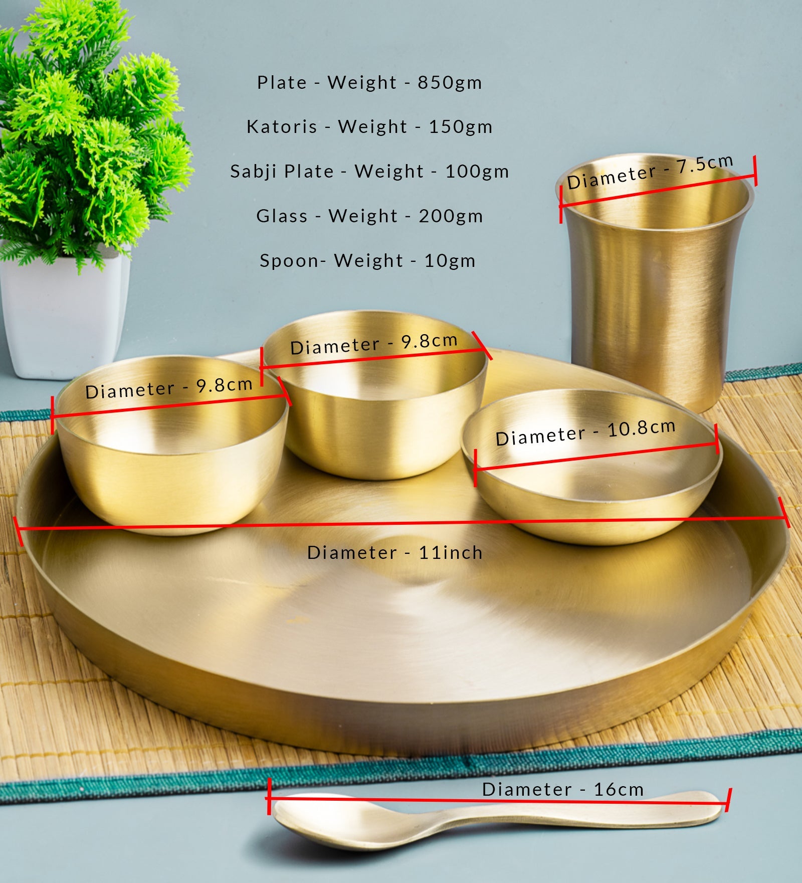 Matt Finish Handmade Bronze Thali Plate - Complete Set – Dinner Set on Brown Living™. SKU: Bronze-Plate-set-970g-packof6. Img 3.