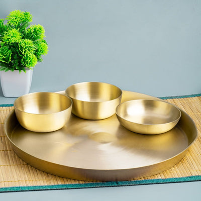 Matt Finish Handmade Bronze Thali Plate with 3 Katories/ Bowls – Dinner Set on Brown Living™. SKU: Bronze - Plate - with - katoris - 940g - packof4. Img 1.