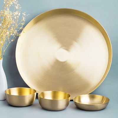 Matt Finish Handmade Bronze Thali Plate with 3 Katories/ Bowls – Dinner Set on Brown Living™. SKU: Bronze - Plate - with - katoris - 940g - packof4. Img 2.