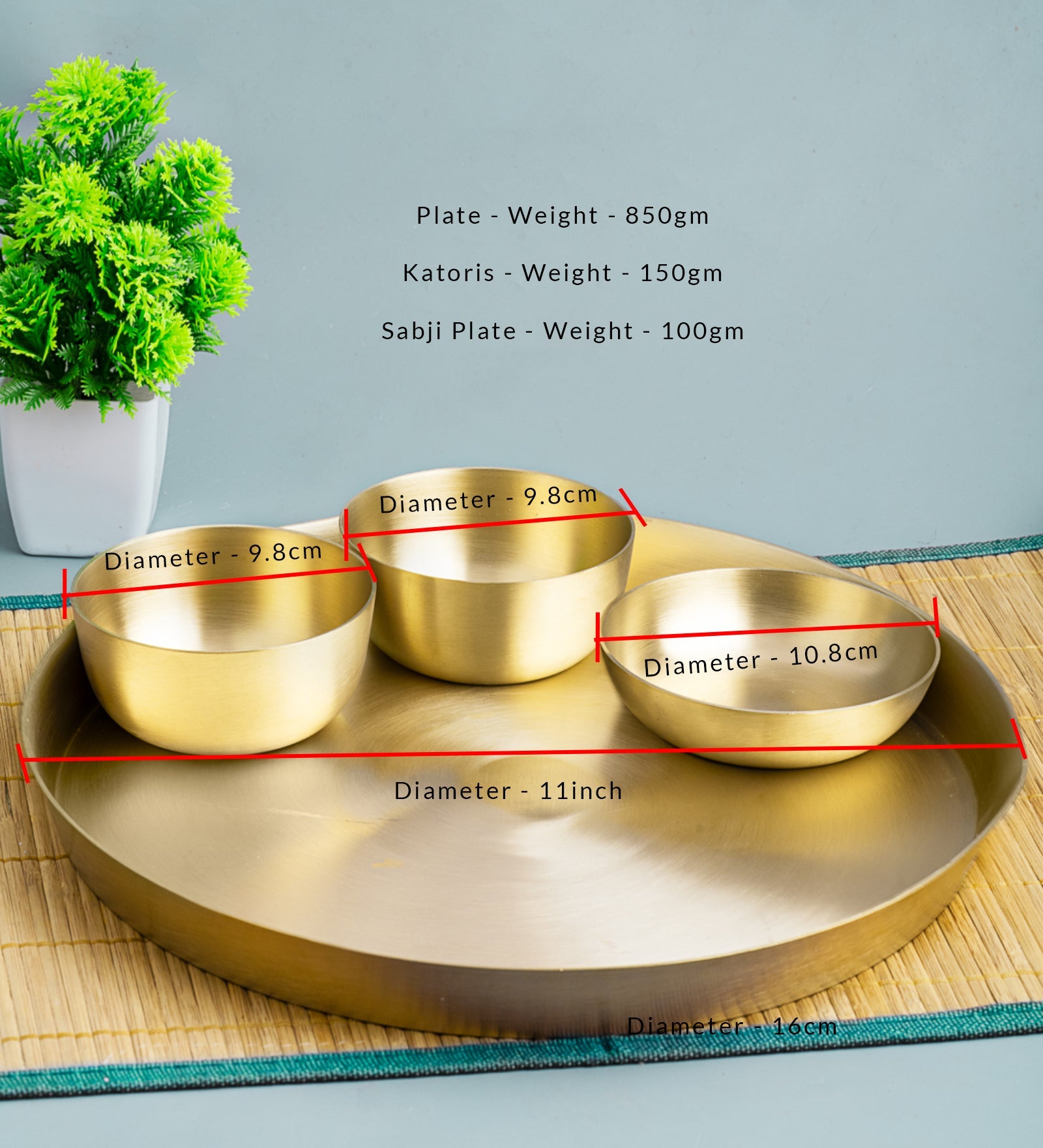 Matt Finish Handmade Bronze Thali Plate with 3 Katories/ Bowls – Dinner Set on Brown Living™. SKU: Bronze-Plate-with-katoris-940g-packof4. Img 3.