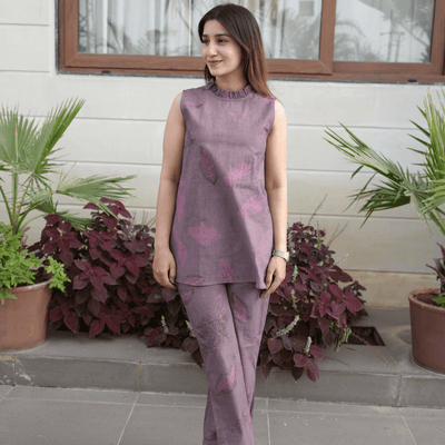 Mauve Mist Botanical Co - ord Set for Women | Organic Cotton Eco - Printed – Womens Co - Ord Sets on Brown Living™. SKU: AAYU-0021. Img 1.