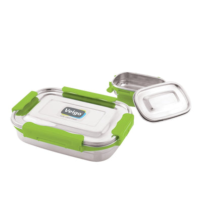 MaxoSteel Leakproof Jumbo Steel Lunch Box with Veg Box – Lunch Box on Brown Living™. SKU: Veigo_MaxoSteel_Jumbo_DarkBlue. Img 1.