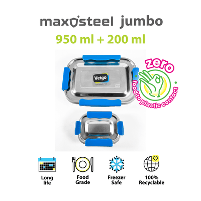 MaxoSteel Leakproof Jumbo Steel Lunch Box with Veg Box – Lunch Box on Brown Living™. SKU: Veigo_MaxoSteel_Jumbo_DarkBlue. Img 5.