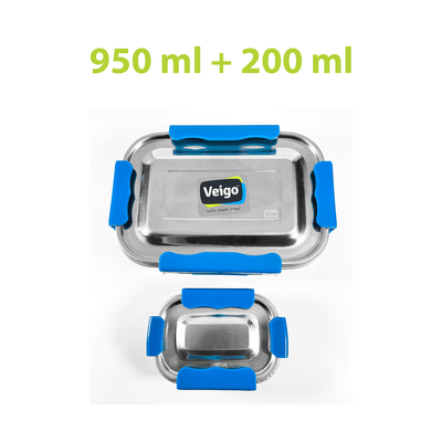 MaxoSteel Leakproof Jumbo Steel Lunch Box with Veg Box – Lunch Box on Brown Living™. SKU: Veigo_MaxoSteel_Jumbo_DarkBlue. Img 2.