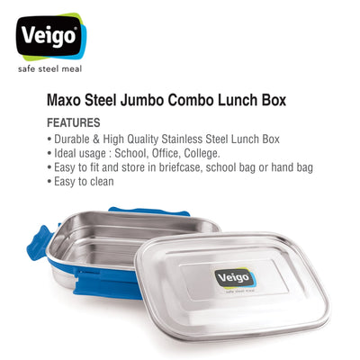 MaxoSteel Leakproof Jumbo Steel Lunch Box with Veg Box – Lunch Box on Brown Living™. SKU: Veigo_MaxoSteel_Jumbo_DarkBlue. Img 4.