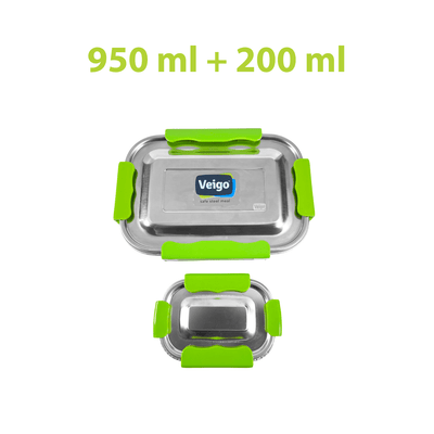 MaxoSteel Leakproof Jumbo Steel Lunch Box with Veg Box – Lunch Box on Brown Living™. SKU: Veigo_MaxoSteel_Jumbo_Green. Img 11.