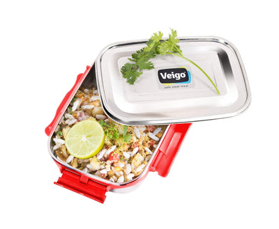 MaxoSteel Leakproof Jumbo Steel Lunch Box with Veg Box – Lunch Box on Brown Living™. SKU: Veigo_MaxoSteel_Jumbo_Red. Img 9.