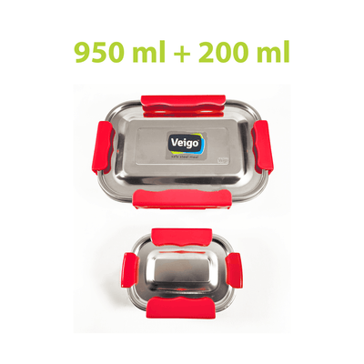 MaxoSteel Leakproof Jumbo Steel Lunch Box with Veg Box – Lunch Box on Brown Living™. SKU: Veigo_MaxoSteel_Jumbo_Red. Img 8.