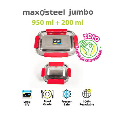 MaxoSteel Leakproof Jumbo Steel Lunch Box with Veg Box – Lunch Box on Brown Living™. SKU: Veigo_MaxoSteel_Jumbo_Red. Img 10.