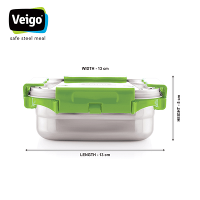 MaxoSteel Medium Steel Snack Box | Leakproof & Durable – Lunch Box on Brown Living™. SKU: Veigo_MaxoSteel_Medium_Green. Img 3.