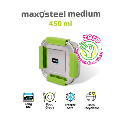 MaxoSteel Medium Steel Snack Box | Leakproof & Durable – Lunch Box on Brown Living™. SKU: Veigo_MaxoSteel_Medium_Green. Img 4.
