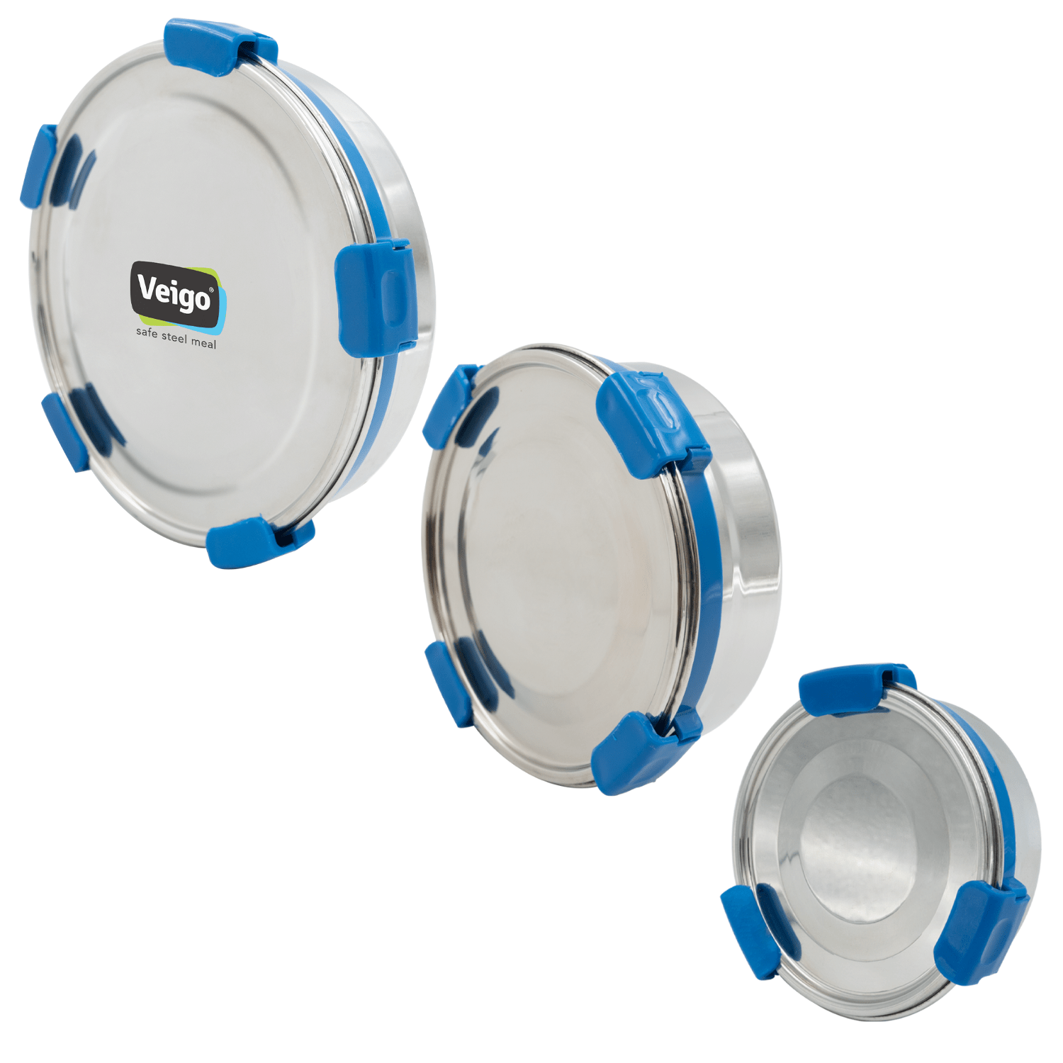 MaxoSteel Round Stainless Steel Storage - Set of 3 – Lunch Box on Brown Living™. SKU: Veigo_MaxoSteel_Round_325_700_950_DarkBlue. Img 1.