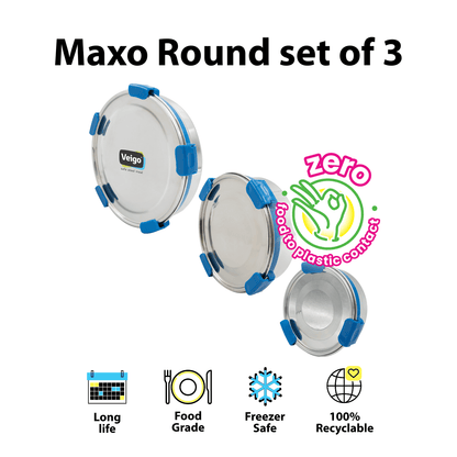 MaxoSteel Round Stainless Steel Storage - Set of 3 – Lunch Box on Brown Living™. SKU: Veigo_MaxoSteel_Round_325_700_950_DarkBlue. Img 1.