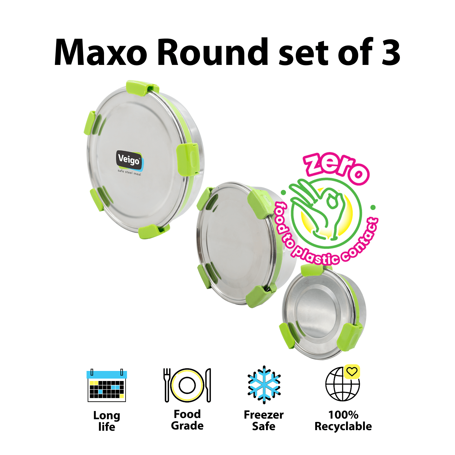 MaxoSteel Round Stainless Steel Storage - Set of 3 – Lunch Box on Brown Living™. SKU: Veigo_MaxoSteel_Round_325_700_950_Green. Img 3.