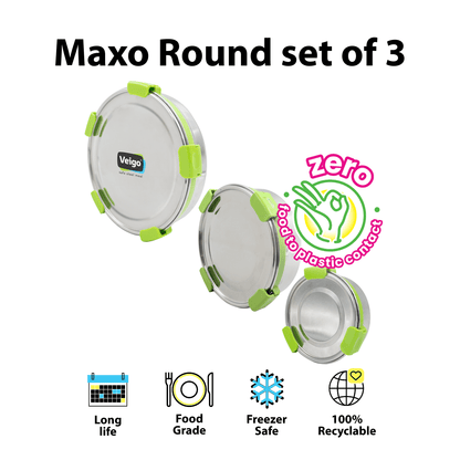 MaxoSteel Round Stainless Steel Storage - Set of 3 – Lunch Box on Brown Living™. SKU: Veigo_MaxoSteel_Round_325_700_950_Green. Img 3.