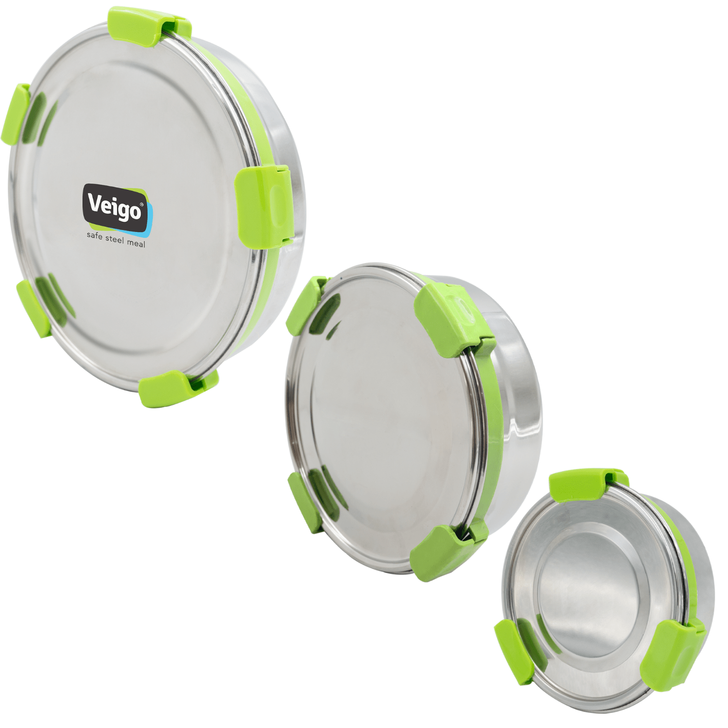 MaxoSteel Round Stainless Steel Storage - Set of 3 – Lunch Box on Brown Living™. SKU: Veigo_MaxoSteel_Round_325_700_950_Green. Img 2.