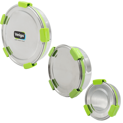 MaxoSteel Round Stainless Steel Storage - Set of 3 – Lunch Box on Brown Living™. SKU: Veigo_MaxoSteel_Round_325_700_950_Green. Img 2.