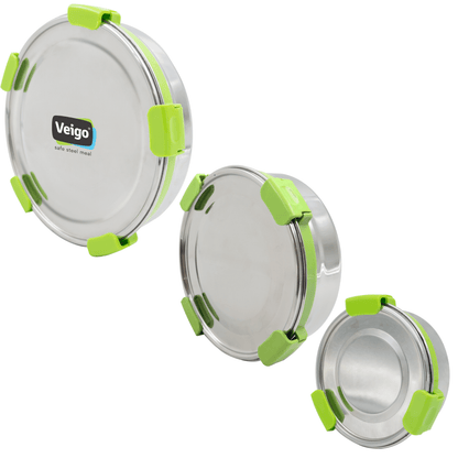 MaxoSteel Round Stainless Steel Storage - Set of 3 – Lunch Box on Brown Living™. SKU: Veigo_MaxoSteel_Round_325_700_950_Green. Img 2.