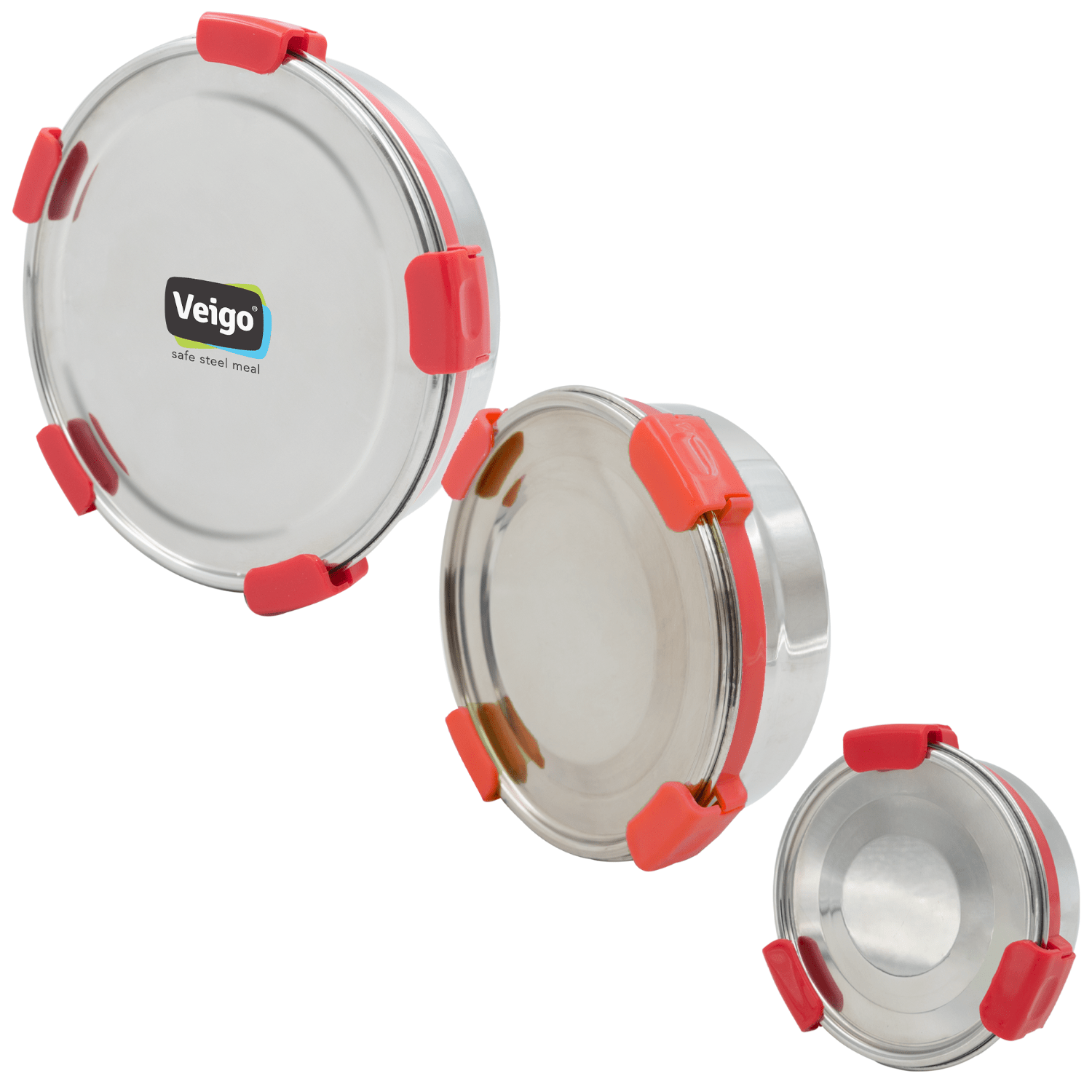 MaxoSteel Round Stainless Steel Storage - Set of 3 – Lunch Box on Brown Living™. SKU: Veigo_MaxoSteel_Round_325_700_950_Red. Img 3.
