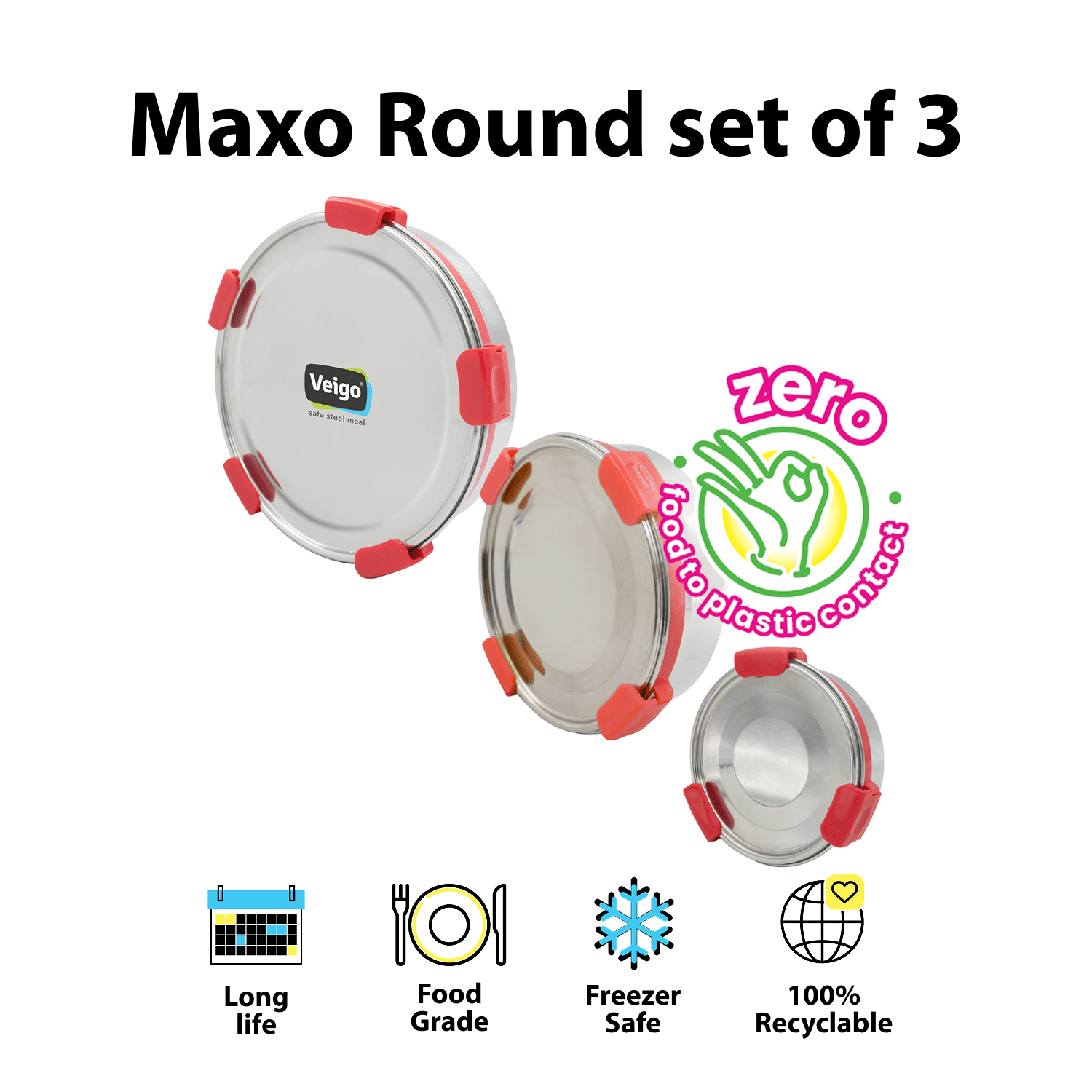 MaxoSteel Round Stainless Steel Storage - Set of 3 – Lunch Box on Brown Living™. SKU: Veigo_MaxoSteel_Round_325_700_950_Red. Img 2.