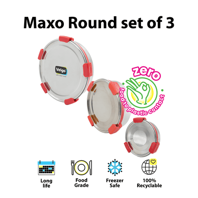 MaxoSteel Round Stainless Steel Storage - Set of 3 – Lunch Box on Brown Living™. SKU: Veigo_MaxoSteel_Round_325_700_950_Red. Img 2.