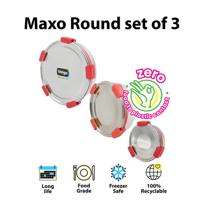 MaxoSteel Round Stainless Steel Storage - Set of 3 – Lunch Box on Brown Living™. SKU: Veigo_MaxoSteel_Round_325_700_950_Red. Img 2.