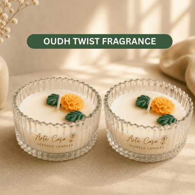 Meadow Duo Yellow & Green Glass Candle Set | Oudh Soy Wax – Candles & Fragrances on Brown Living™. SKU: D-415. Img 8.