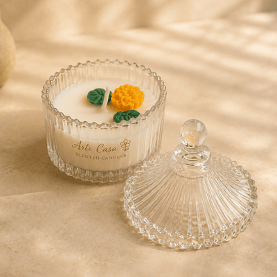 Meadow Duo Yellow & Green Glass Candle Set | Oudh Soy Wax – Candles & Fragrances on Brown Living™. SKU: D-415. Img 3.