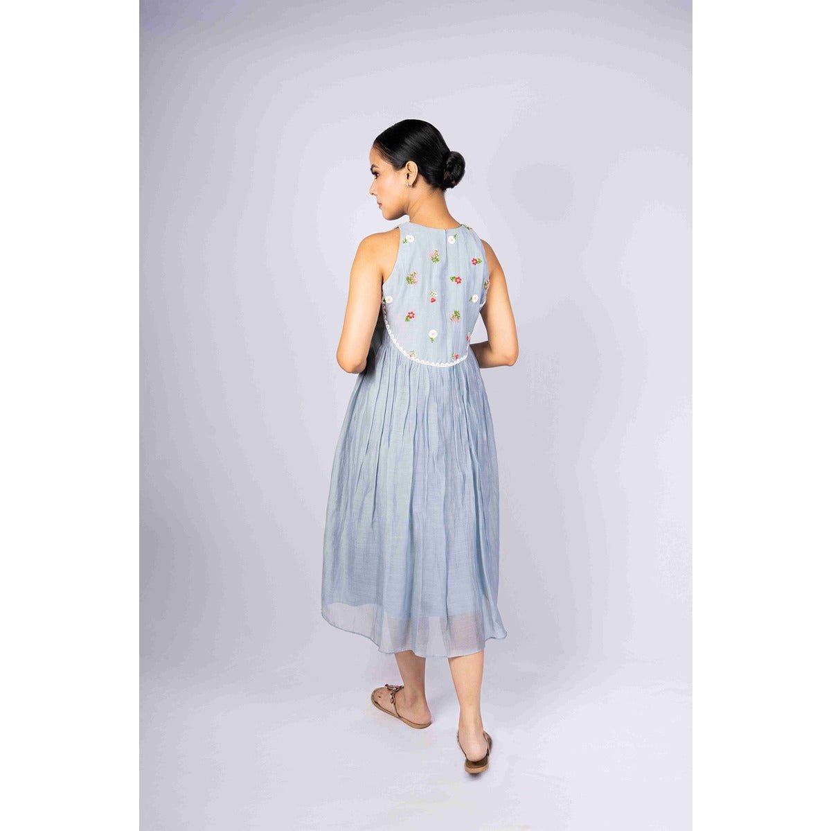Megh - Soft Powder Blue Flared Chanderi Dress with Embroidered Yoke – Womens Dress on Brown Living™. SKU: HD1020XSN. Img 3.