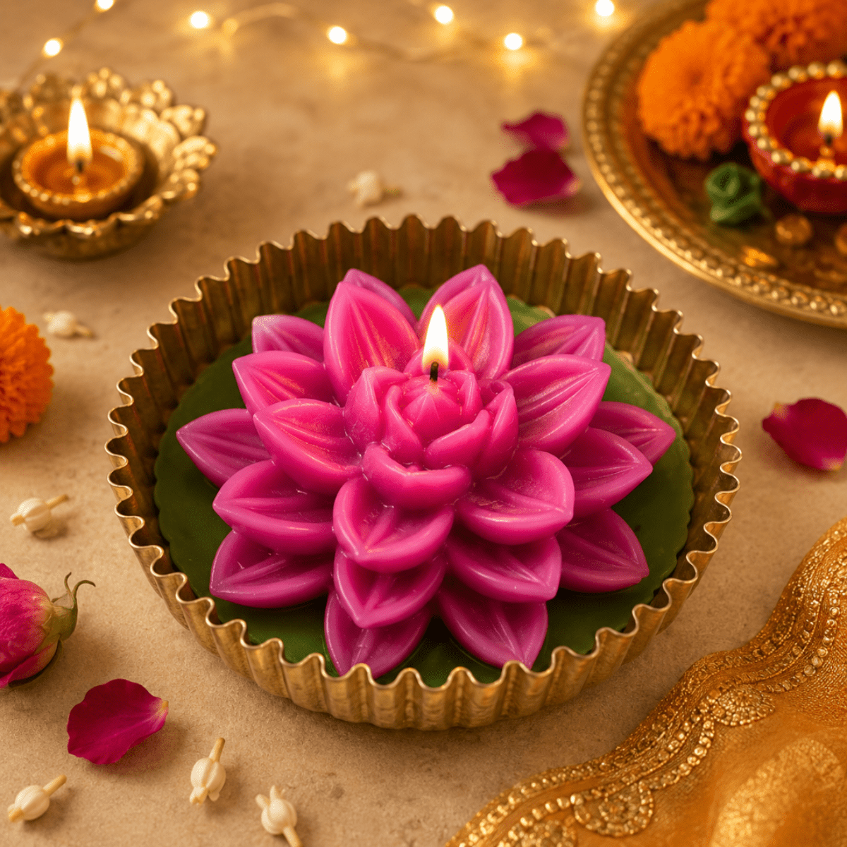 Mehfil Bloom Green & Pink Urli Flower Candle | Festive Decor – Candles & Fragrances on Brown Living™. SKU: D-459. Img 5.