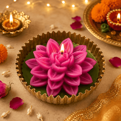 Mehfil Bloom Green & Pink Urli Flower Candle | Festive Decor – Candles & Fragrances on Brown Living™. SKU: D-459. Img 5.