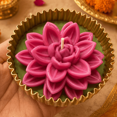 Mehfil Bloom Green & Pink Urli Flower Candle | Festive Decor – Candles & Fragrances on Brown Living™. SKU: D-459. Img 4.