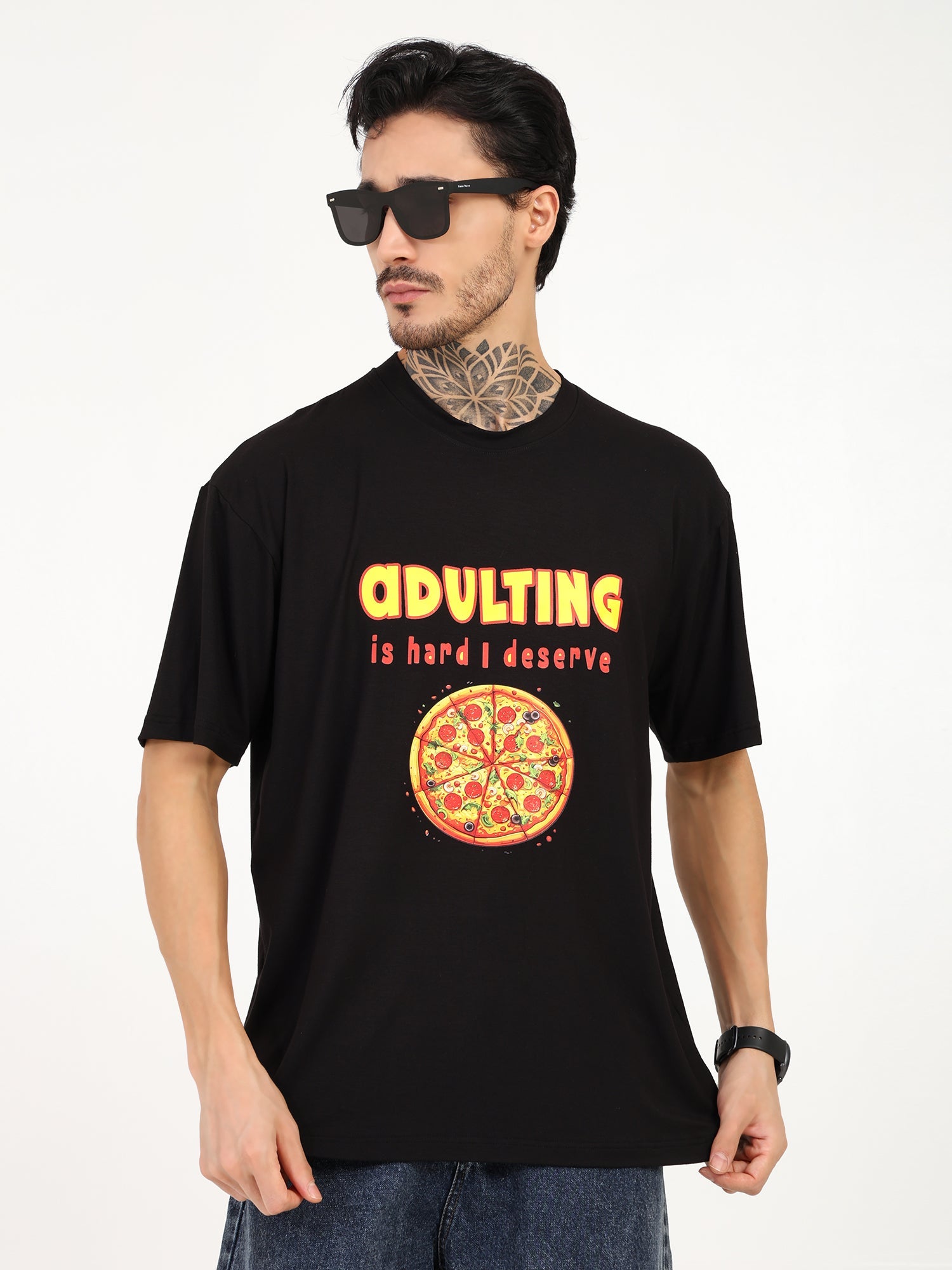 Men Oversized Bamboo T-Shirt – Soft, Breathable & Sustainable Fit – Mens T-Shirt on Brown Living™. SKU: M-ADULTING-BLK-S. Img 2.