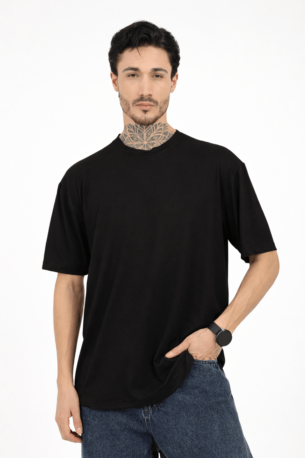 Men Oversized Plain Bamboo T-Shirt – Soft, Breathable & Sustainable – Mens T-Shirt on Brown Living™. SKU: M-PLAIN-OVERSIZ-BLK-M. Img 5.