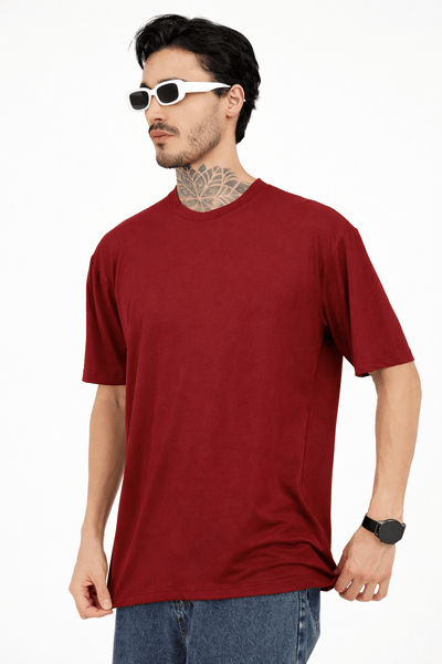 Men Oversized Plain Bamboo T-Shirt – Soft, Breathable & Sustainable – Mens T-Shirt on Brown Living™. SKU: M-PLAIN-OVERSIZ-MRON-M. Img 18.