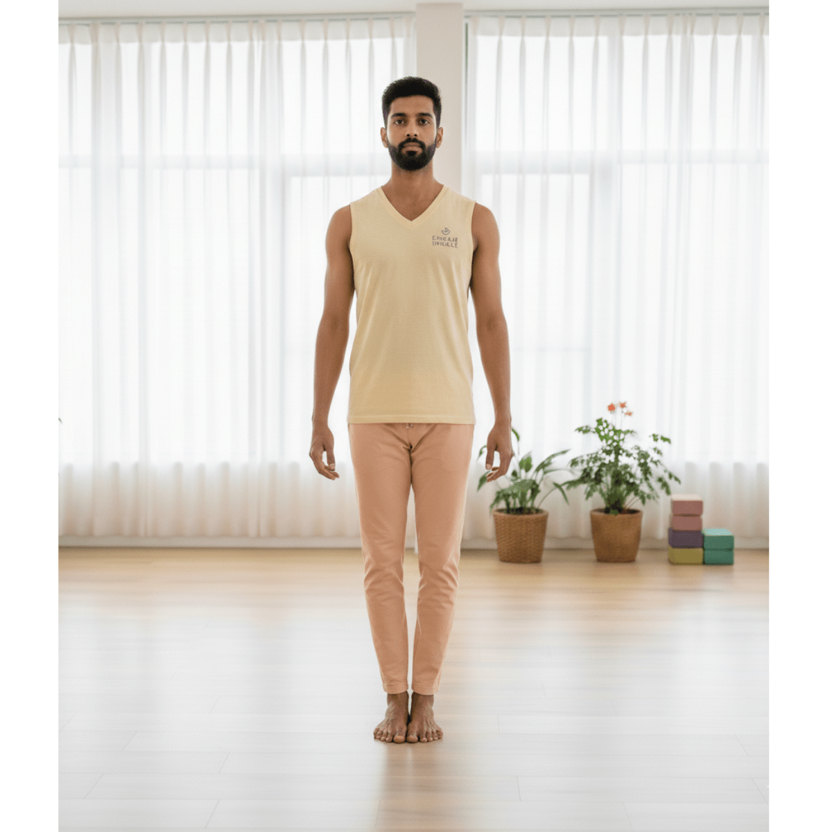 Mens -100% Organic Cotton Knitted Herbal-Infused V- NECK VEST – Men Shirt on Brown Living™. SKU: 3117004-1s. Img 1.