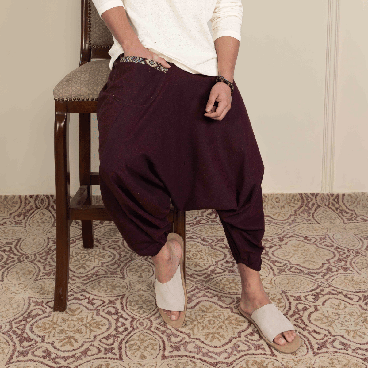 Men's Aladdin Harem Pants | Maroon – Mens Pants by Hope - House of Pure Eco available on Brown Living™. One Size . SKU: AL - HM - 14_M. Img 4.
