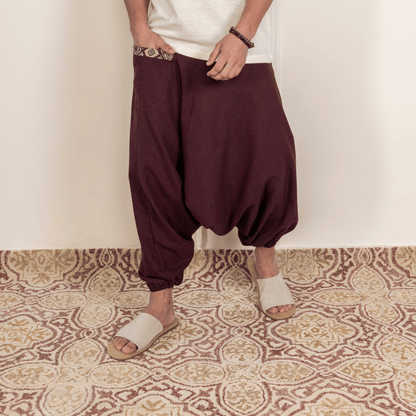 Men's Aladdin Harem Pants | Maroon – Mens Pants by Hope - House of Pure Eco available on Brown Living™. One Size . SKU: AL - HM - 14_M. Img 5.