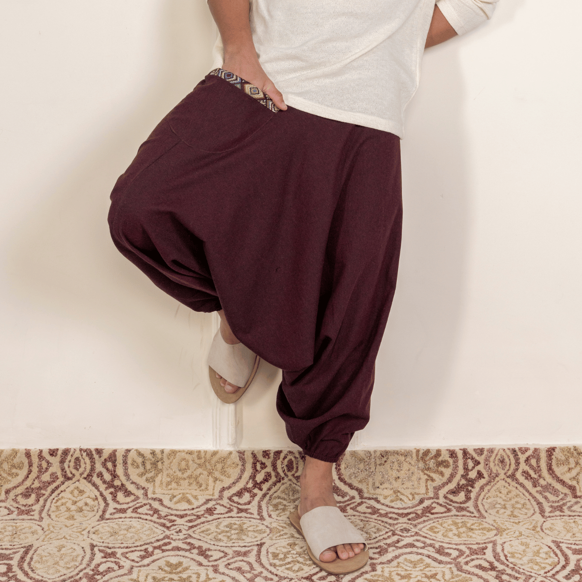 Men's Aladdin Harem Pants | Maroon – Mens Pants by Hope - House of Pure Eco available on Brown Living™. One Size . SKU: AL - HM - 14_M. Img 1.