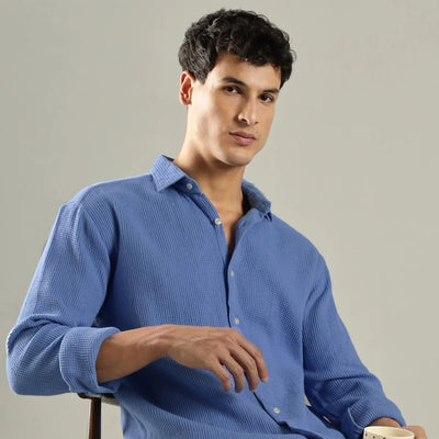 Men’s Blue Waffle Knit Shirt – Mens Shirt on Brown Living™. SKU: WF - BL - F - S. Img 1.